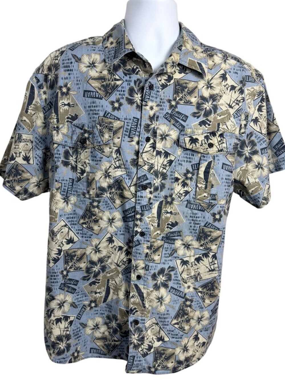 Route 66 Hawaiian Camp Shirt XL Blue Tropical Postcard Cotton Aloha Beach